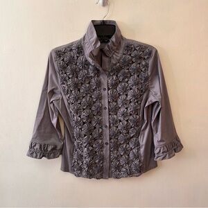 Samuel Dong gray ruffle front blouse size small